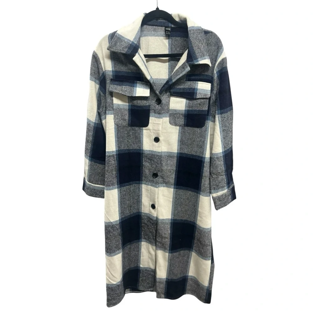 Flannel Plaid Shacket Buttondown Dress Long Coat Navy White Tartan Medium - Picture 2 of 7